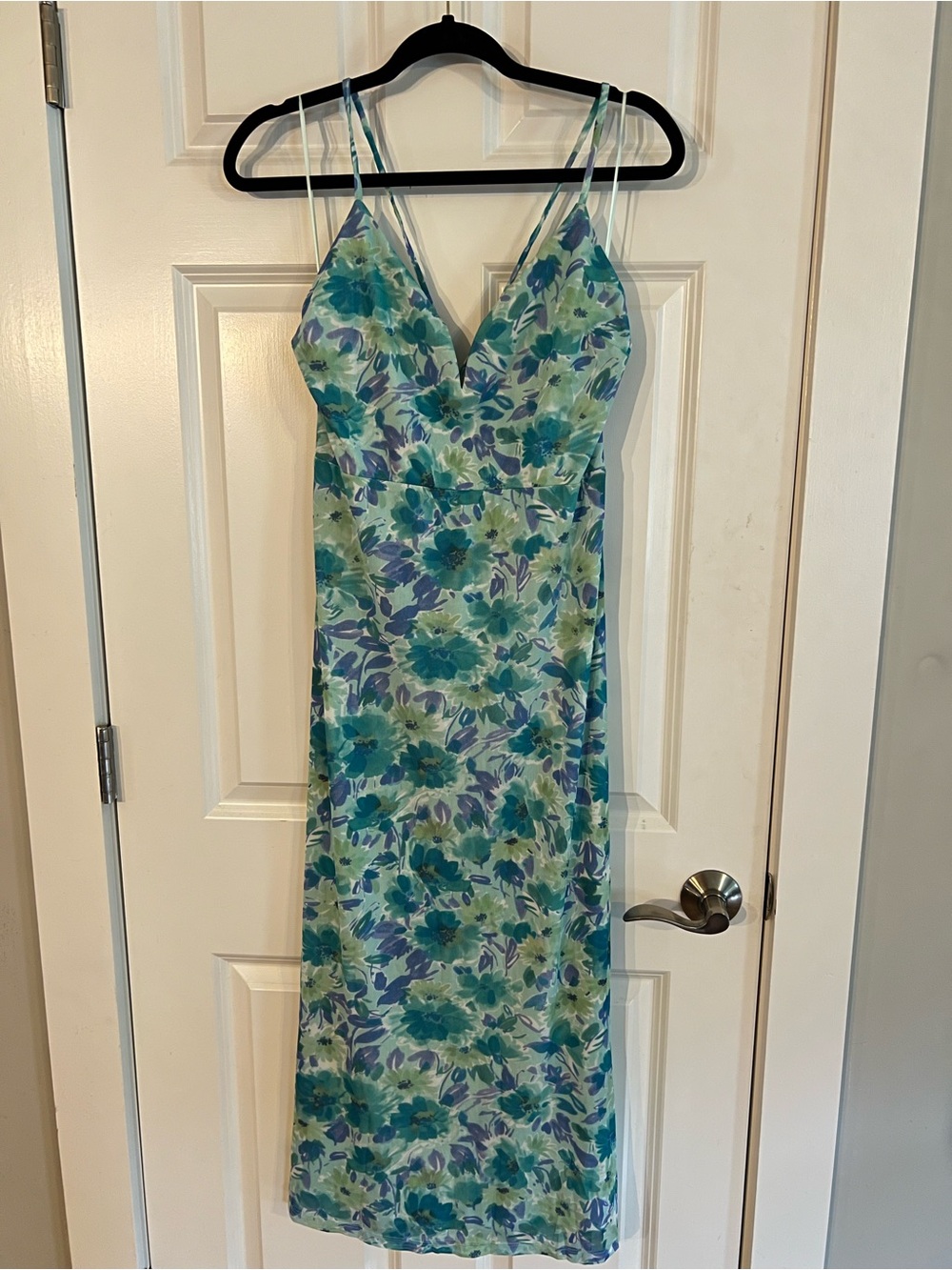 Floral V-Neck Midi Slip Dress in Green and Blue